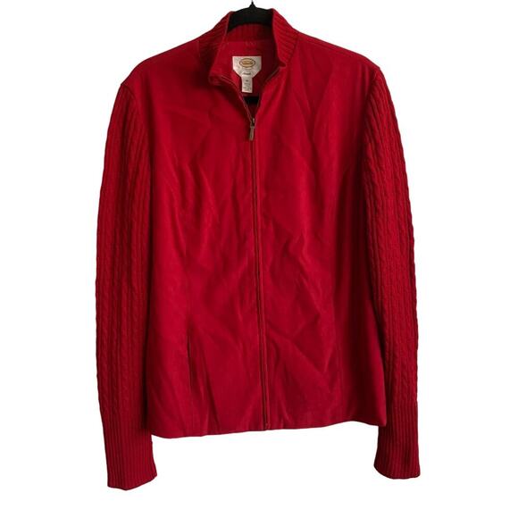 Talbots Suede-like Cable Knit Zip-up Red Sweater Jacket Size 16 Mature Stretch - Picture 1 of 8